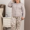 Pijama Feminino Microfibra Longo Botão Detalhe Em Renda Plus Size Cinza