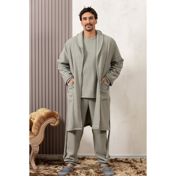 comprar pijama roupao plush quentinho longo inverno malha fria geladinho masculino fofuxa online 3378 verde frente