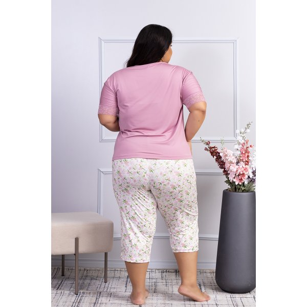 04 pijama feminino com renda microfibra capri plus size rosa