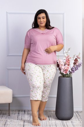 05 pijama feminino com renda microfibra capri plus size rosa