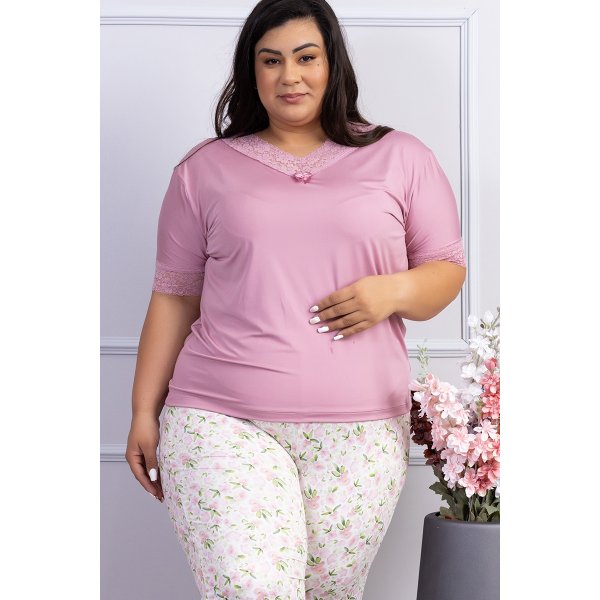 06 pijama feminino com renda microfibra capri plus size rosa