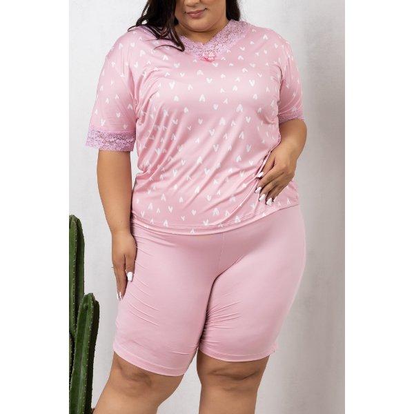 04 pijama plus size feminino microfibra rendado de bermuda rosa coracao