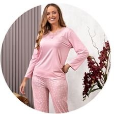 03 pijama microfibra feminino longo inverno com renda rosa