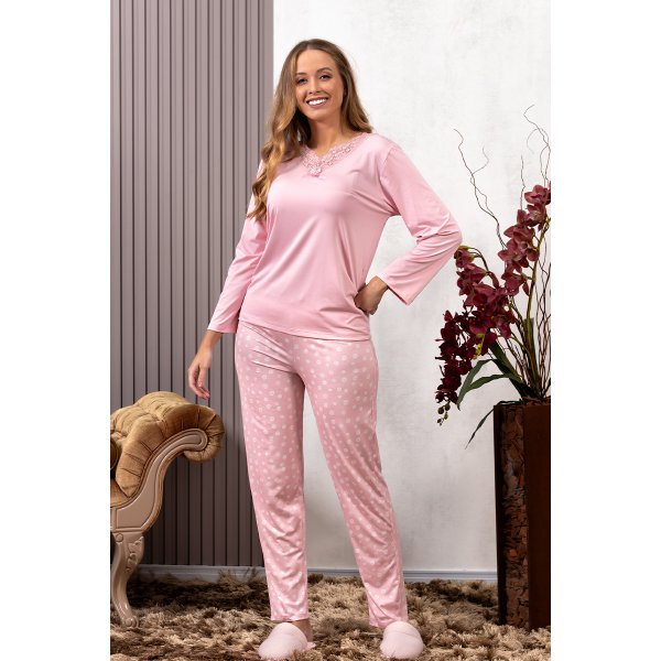 05 pijama microfibra feminino longo inverno com renda rosa