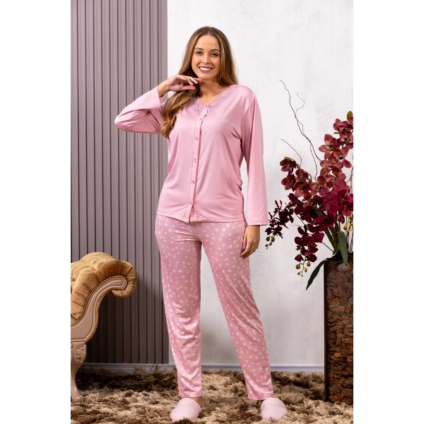 06 pijama feminino longo inverno detalhe em renda rosa