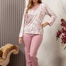 08 pijama sofisticado microfibra feminino renda longo de inverno rosa floral