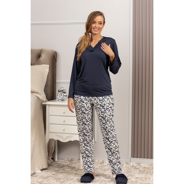 06 pijama feminino termico microfibra longo com renda azul marinho