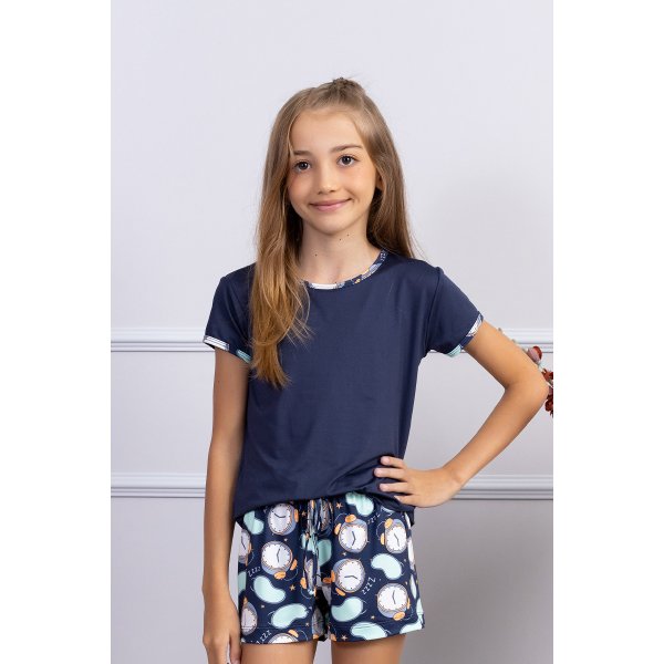 07 pijama infantil feminino microfibra azul que brilha com luz negra curto
