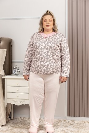 05 pijama microfibra flanelado feminino plus size longo de inverno rendado rosa