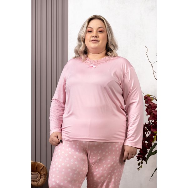 06 pijama rendado feminino plus size microfibra longo rosa