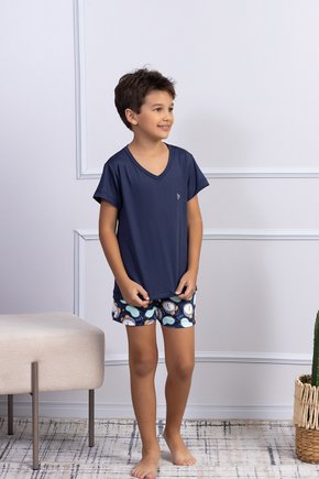 07 pijama microfibra infantil masculino azul que brilha com luz negra curto
