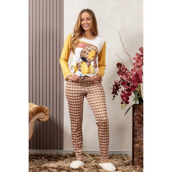 06 pijama feminino slim microfibra estampado xadrez longo inverno