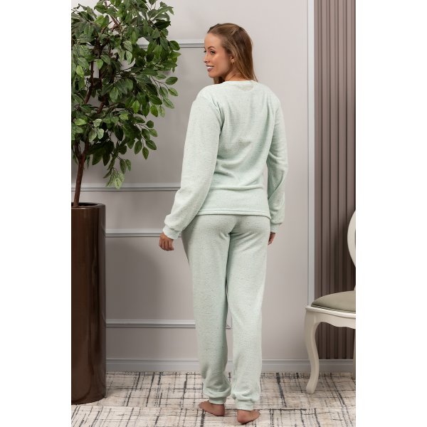 05 pijama feminino plush botone longo quentinho inverno verde