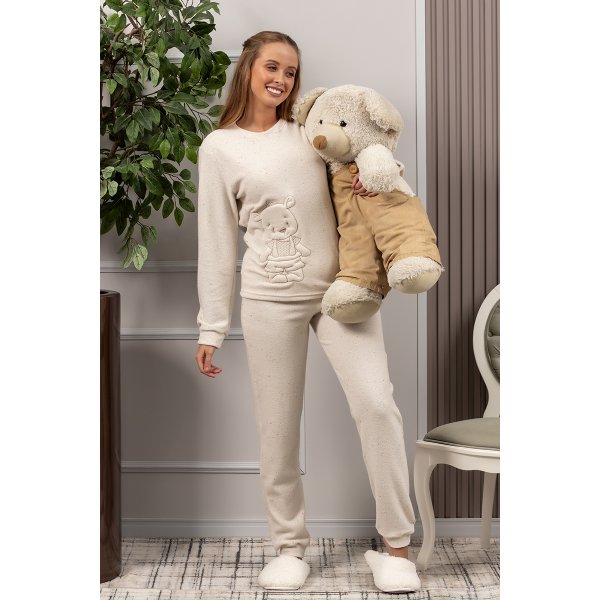 07 pijama plush botone longo feminino off inverno urso