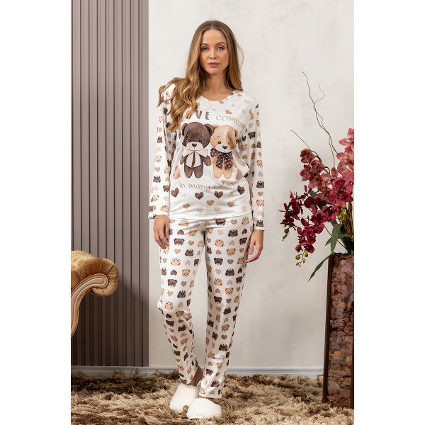 06 pijama feminino microfibra flanelado termico estampa de urso off longo