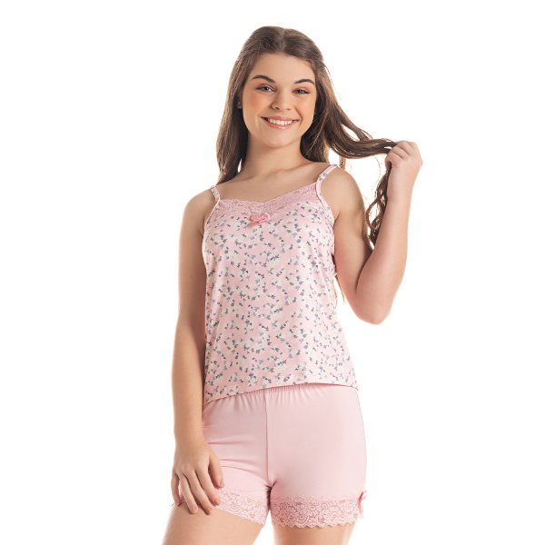 06 pijama short doll microfibra feminino de alcinha com regulagem e detalhe em renda rosa