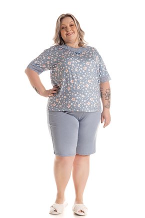 05 pijama plus size feminino microfibra rendado de bermuda azul floral