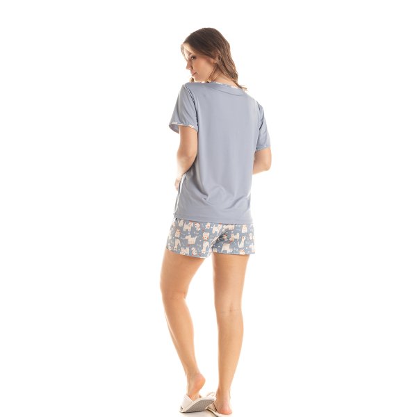 04 pijama feminino microfibra de manga com shorts curto azul claro