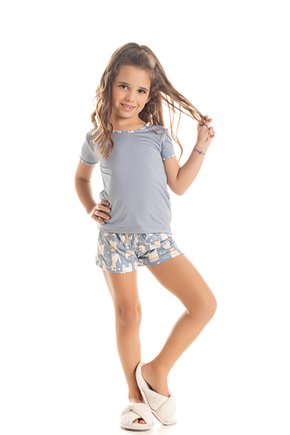 06 pijama feminino infantil microfibra curto raposa azul
