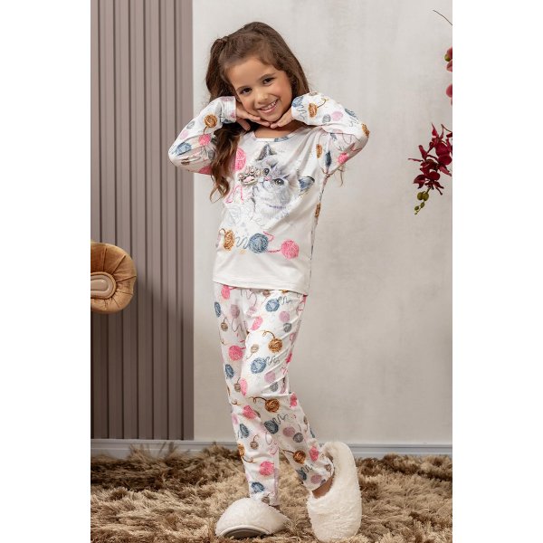06 pijama infantil microfibra flanelado quentinho feminino estampa de gato