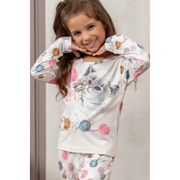 07 pijama infantil microfibra flanelado quentinho feminino estampa de gato