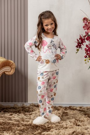 08 pijama infantil microfibra flanelado quentinho feminino estampa de gato