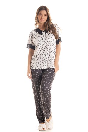06 pijama microfibra feminino longo com manga curta botao meia estacao preto e branco