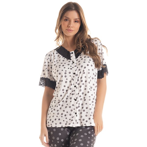 07 pijama microfibra feminino longo com manga curta botao meia estacao preto e branco