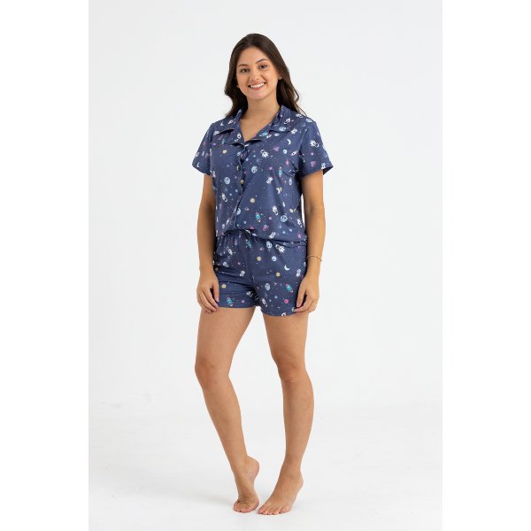 08 pijama curto americano feminino de microfibra azul astronauta