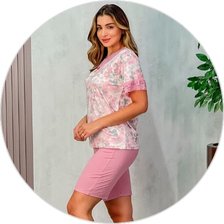 01 pijama microfibra curto feminino de renda com bermuda rosa