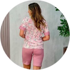 03 pijama microfibra curto feminino de renda com bermuda rosa
