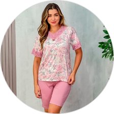05 pijama microfibra curto feminino de renda com bermuda rosa