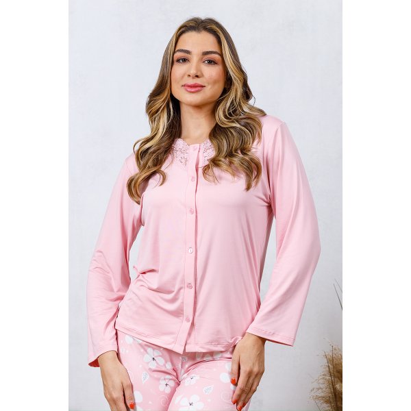 13 pijama longo feminino microfibra flanelado botao rendado azul marinho flor