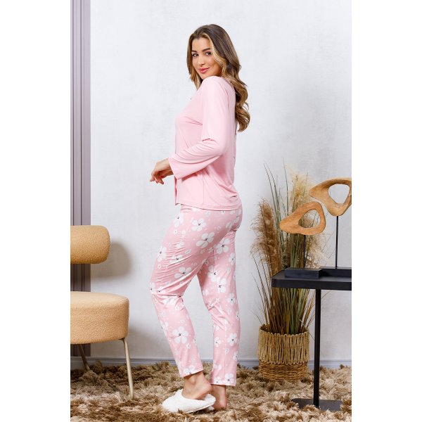 14 pijama longo feminino microfibra flanelado botao rendado azul marinho flor