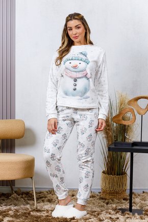 06 pijama longo plush boucle feminino longo estampado boneco de neve off