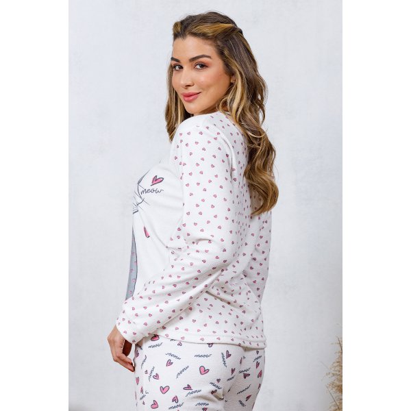 08 pijama longo plush boucle feminino longo estampa de gato off