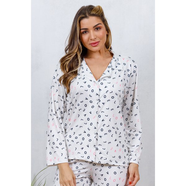 08 pijama longo americano microfibra botao love off