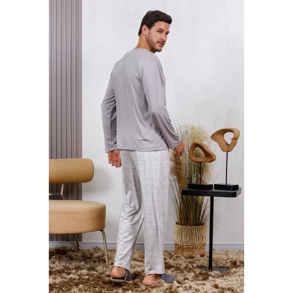 06 pijama longo masculino microfibra inverno cinza sofisticado
