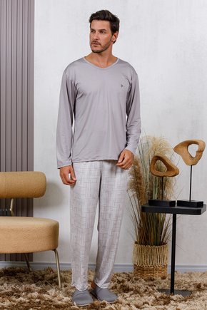 07 pijama longo masculino microfibra inverno cinza sofisticado