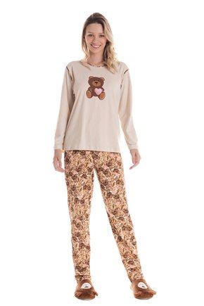 06 pijama longo algodao feminino aplicacao de urso estampado