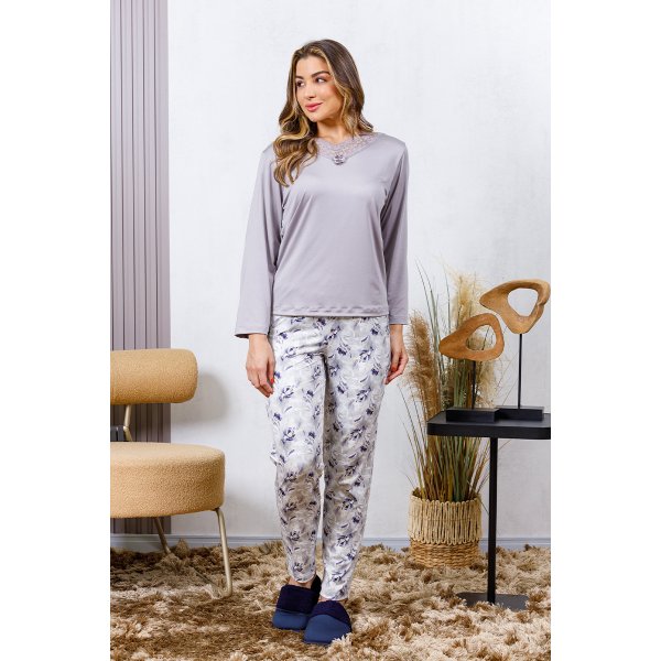 08 pijama longo microfibra feminino inverno com renda orquidea cinza