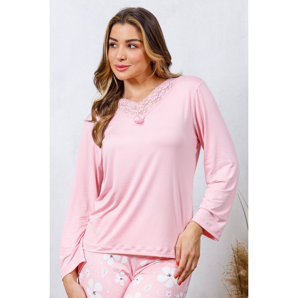 07 pijama longo feminino termico microfibra com renda rosa claro calca floral