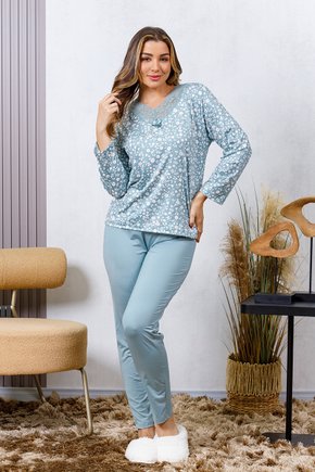 04 pijama longo sofisticado microfibra feminino renda inverno verde floral