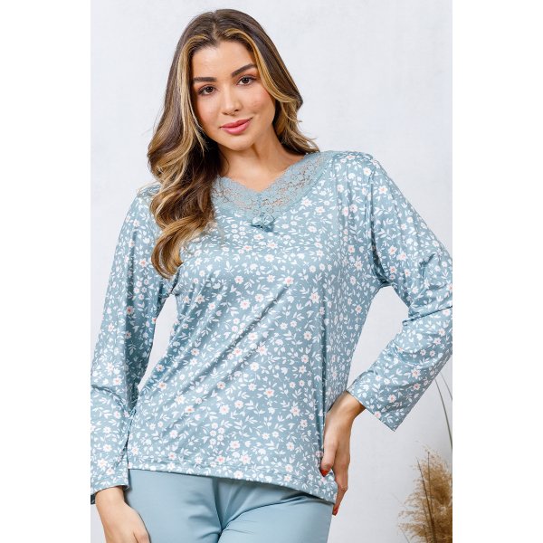 05 pijama longo sofisticado microfibra feminino renda inverno verde floral