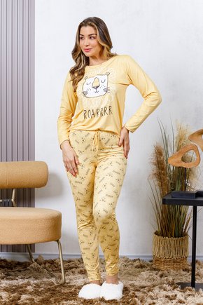 07 pijama longo feminino microfibra flanelado slim amarelo leao