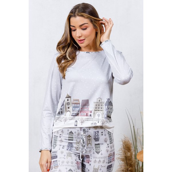 08 pijama longo feminino microfibra flanelado slim cinza