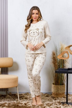 06 pijama longo feminino microfibra flanelado bege