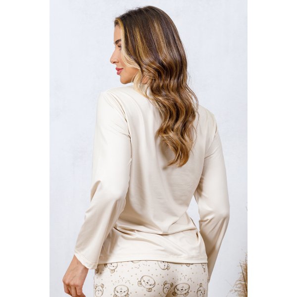 08 pijama longo feminino microfibra flanelado bege