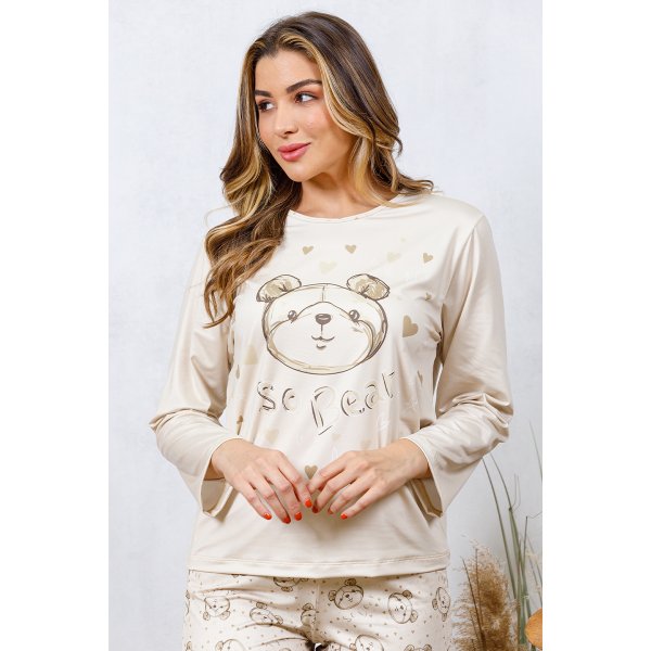 09 pijama longo feminino microfibra flanelado bege