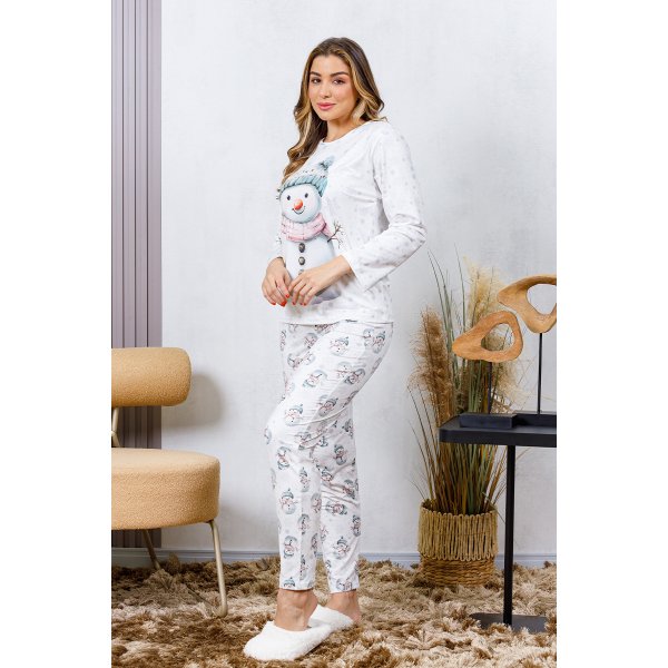 08 pijama longo feminino microfibra flanelado boneco de neve branco